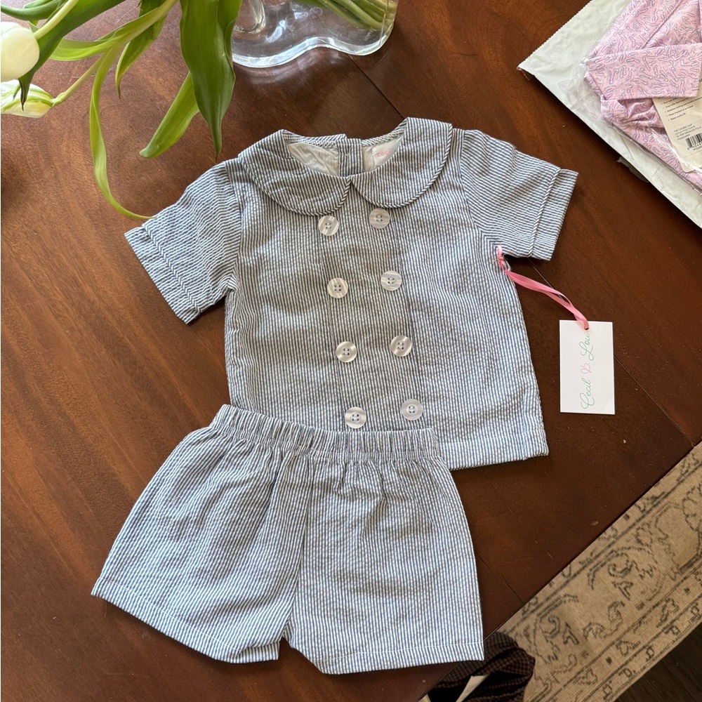 Navy Seersucker Double Breasted Short Set